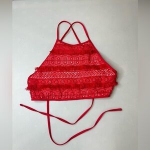 5/$35 Aerie Red Fringe Cross Cross Straps Bikini Top Size Large